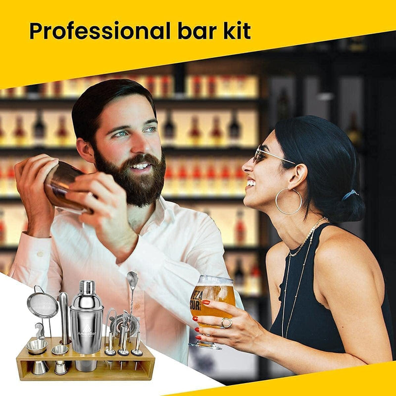 Bartender Kit - AMAZEBAR 14-Piece Stainless Steel Alcohol Mixers Barware Tool Sets, Margarita, Martini, & Cocktail Shaker Set + Wood Bamboo Stand - Home Bar Accessories for Bartending & Mixing Drink Home & Garden > Kitchen & Dining > Barware AB AMAZEBAR   