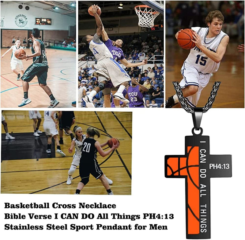 Basketball Cross Necklace for Boys Bible Verse I CAN DO All Things Stainless Steel Sport Pendant for Men Sporting Goods > Outdoor Recreation > Winter Sports & Activities Susook   