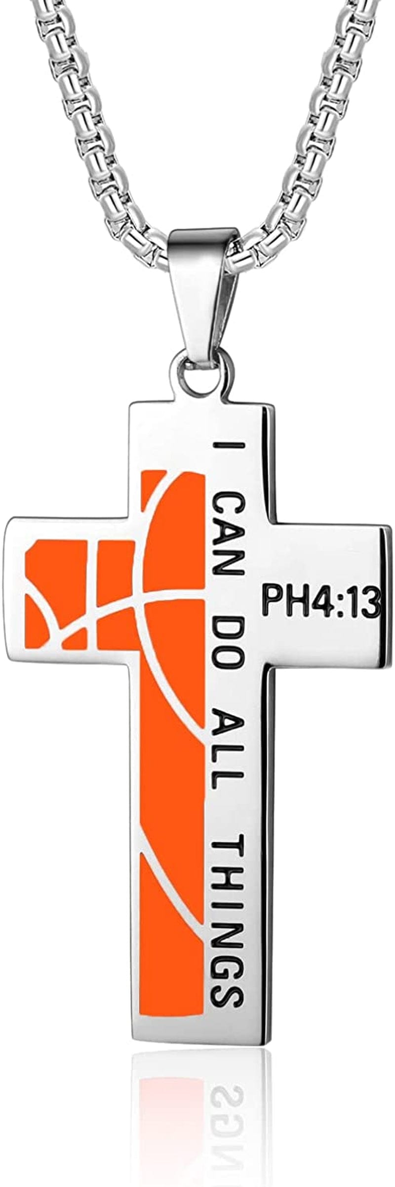 Basketball Cross Necklace for Boys Bible Verse I CAN DO All Things Stainless Steel Sport Pendant for Men Sporting Goods > Outdoor Recreation > Winter Sports & Activities Susook Silver  