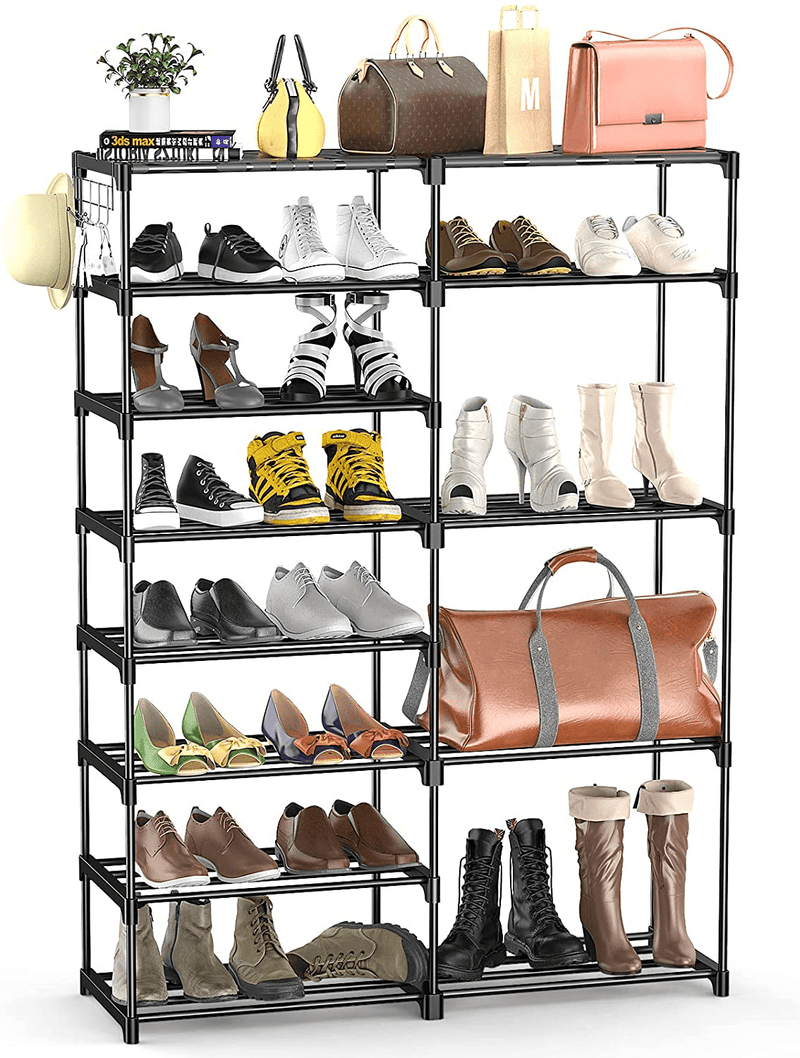 BASSTOP 8 Tiers Shoe Rack, Stackable Shoe Tower Organizer Non-Woven Fabric, Durable Boot Shoe Shelf Storage, 26-30 Pairs, Black