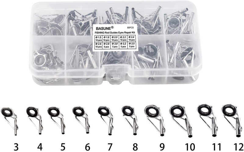BASUNE Spinning Rod Guides Tip Ceramic Guide with Eyelets, Fishing Rod Guide Replacement Tip Spare Parts Repair and Tips Repair Eye Loop Kit with Box for Spinning Rods Sea Fishing (10 Size - 80Pcs) Sporting Goods > Outdoor Recreation > Fishing > Fishing Rods BASUNE   