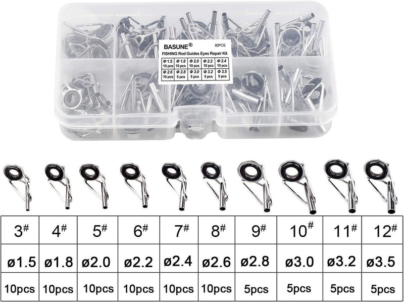 BASUNE Spinning Rod Guides Tip Ceramic Guide with Eyelets, Fishing Rod Guide Replacement Tip Spare Parts Repair and Tips Repair Eye Loop Kit with Box for Spinning Rods Sea Fishing (10 Size - 80Pcs) Sporting Goods > Outdoor Recreation > Fishing > Fishing Rods BASUNE   
