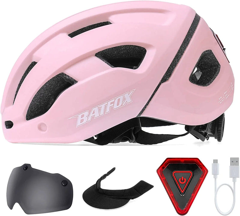 BATFOX Bike Helmets for Men Women,With Rear Rechargeable Safety LED Light + Sun Visor + Eye Shield Goggles Sporting Goods > Outdoor Recreation > Cycling > Cycling Apparel & Accessories > Bicycle Helmets BATFOX Pink-(Goggles+Sun Visor) S/M(53-57CM) 