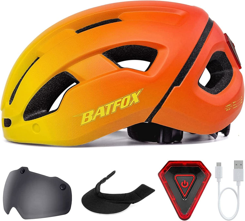 BATFOX Bike Helmets for Men Women,With Rear Rechargeable Safety LED Light + Sun Visor + Eye Shield Goggles Sporting Goods > Outdoor Recreation > Cycling > Cycling Apparel & Accessories > Bicycle Helmets BATFOX Orange-(Goggles+Sun Visor) S/M(53-57CM) 