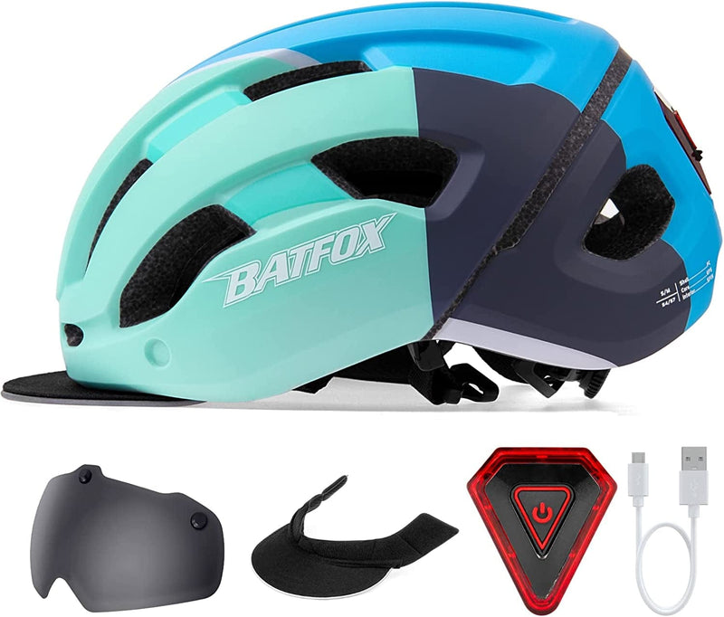 BATFOX Bike Helmets for Men Women,With Rear Rechargeable Safety LED Light + Sun Visor + Eye Shield Goggles Sporting Goods > Outdoor Recreation > Cycling > Cycling Apparel & Accessories > Bicycle Helmets BATFOX Blue Green-(Goggles+Sun Visor) L/XL(57-61CM) 