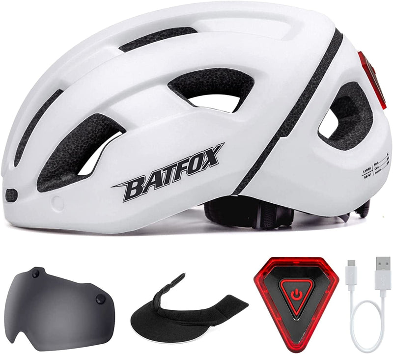 BATFOX Bike Helmets for Men Women,With Rear Rechargeable Safety LED Light + Sun Visor + Eye Shield Goggles Sporting Goods > Outdoor Recreation > Cycling > Cycling Apparel & Accessories > Bicycle Helmets BATFOX White-(Goggles+Sun Visor) L/XL(57-61CM) 