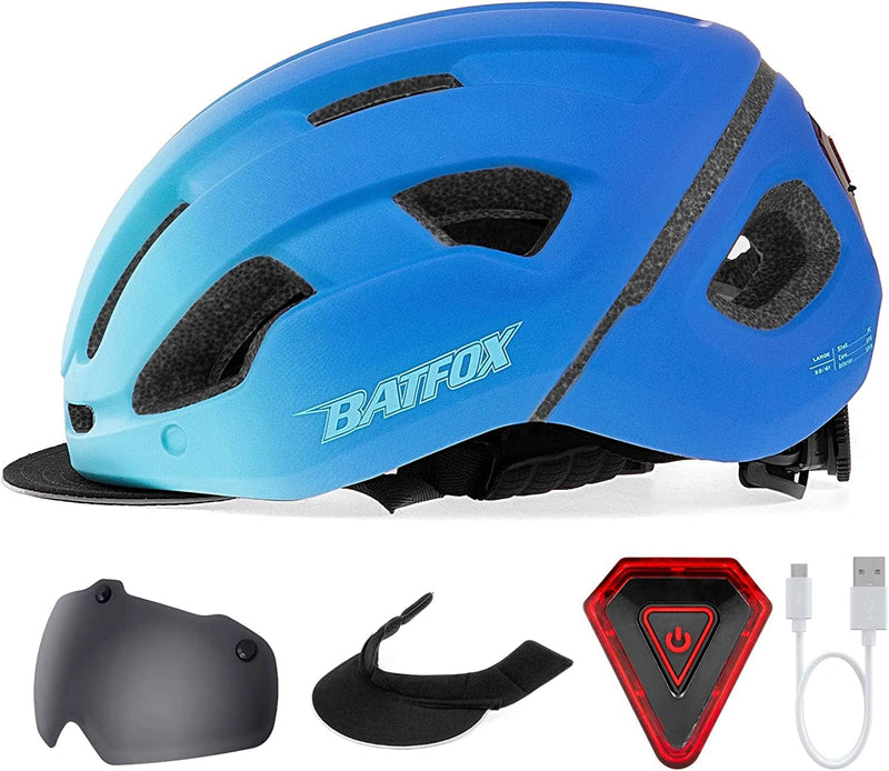 BATFOX Bike Helmets for Men Women,With Rear Rechargeable Safety LED Light + Sun Visor + Eye Shield Goggles Sporting Goods > Outdoor Recreation > Cycling > Cycling Apparel & Accessories > Bicycle Helmets BATFOX Light Blue-(Goggles+Sun Visor) L/XL(57-61CM) 
