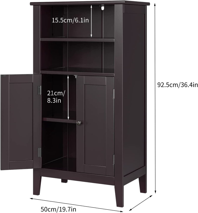 Bathroom Floor Cabinet, Double Door Storage Organizer with Shelves for Home Office Furniture, Dark Brown