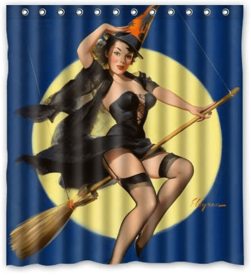 Bathroom Shower Curtain - Sexy Pin Up Girl I'm a Halloween Witch - Vintage Retro Pin Up Girls Body Art Work Canvas Painting Style Waterproof Polyester Fabric 66(w) x72(h) Rings Included