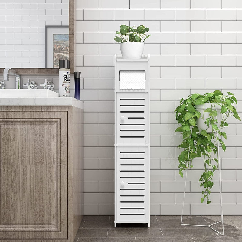 Bathroom Storage Cabinet for Small Space with Doors and Shelves, W6.5 X D6.7 X H32 Bathroom Organizer, Waterproof Toilet Paper Storage with Toilet Paper Roller, Accommodate Mega Rolls(Blue) Home & Garden > Household Supplies > Storage & Organization WODETREE White 6.2"D x 5.9"W x 31.2"H 