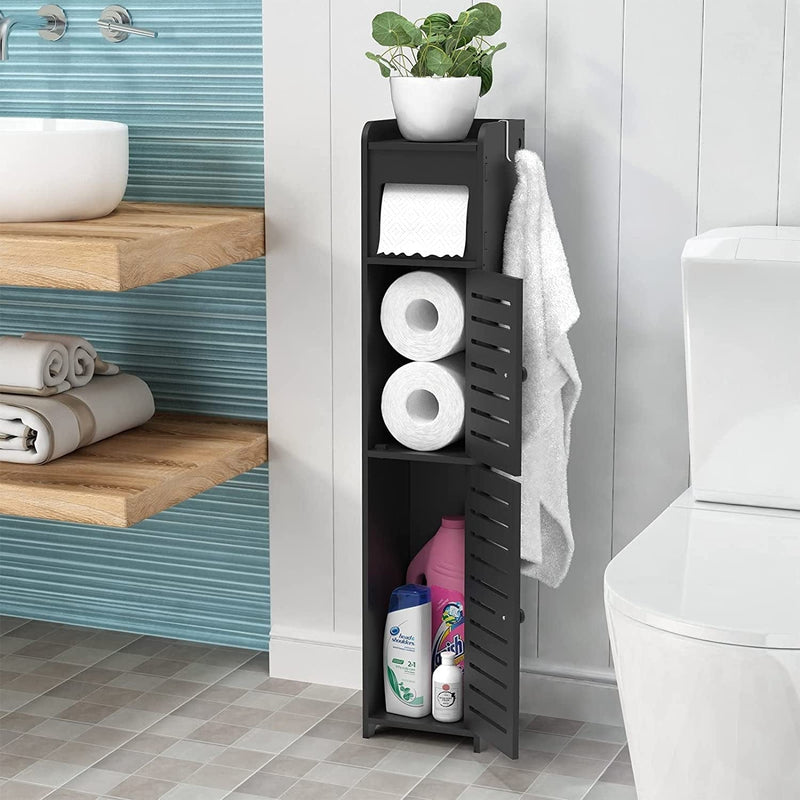 Bathroom Storage Cabinet for Small Space with Doors and Shelves, W6.5 X D6.7 X H32 Bathroom Organizer, Waterproof Toilet Paper Storage with Toilet Paper Roller, Accommodate Mega Rolls(Blue) Home & Garden > Household Supplies > Storage & Organization WODETREE Frosted Black 6.2"D x 5.9"W x 31.2"H 