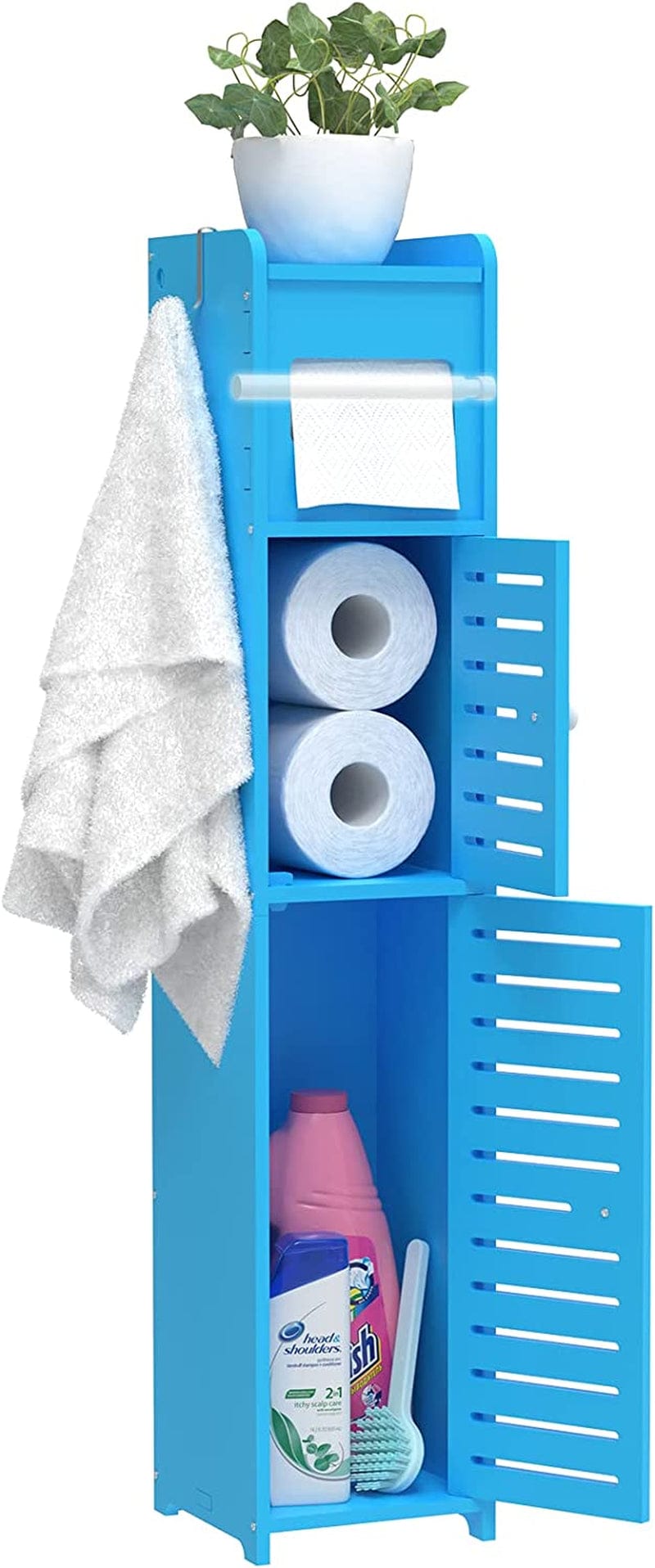 Bathroom Storage Cabinet for Small Space with Doors and Shelves, W6.5 X D6.7 X H32 Bathroom Organizer, Waterproof Toilet Paper Storage with Toilet Paper Roller, Accommodate Mega Rolls(Blue) Home & Garden > Household Supplies > Storage & Organization WODETREE Light Blue 6.7"D x 6.5"W x 32"H 