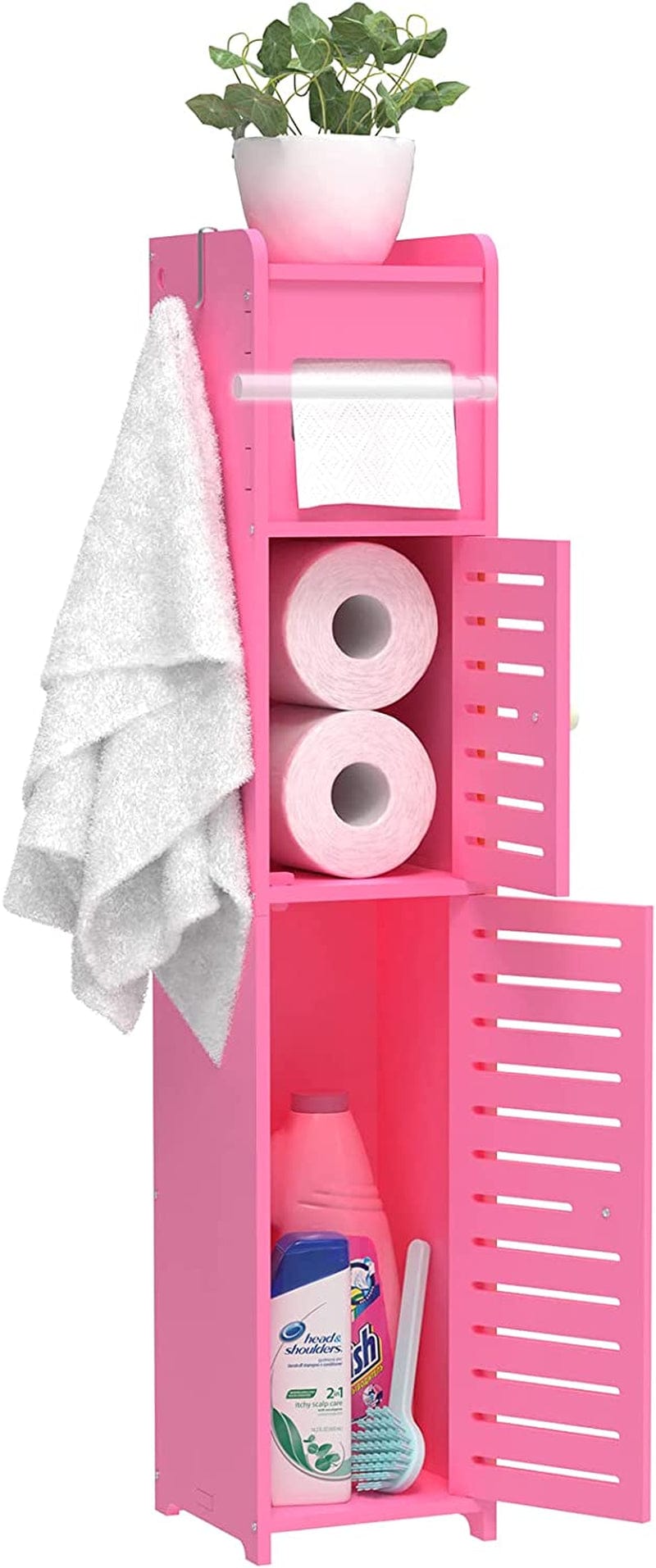 Bathroom Storage Cabinet for Small Space with Doors and Shelves, W6.5 X D6.7 X H32 Bathroom Organizer, Waterproof Toilet Paper Storage with Toilet Paper Roller, Accommodate Mega Rolls(Blue) Home & Garden > Household Supplies > Storage & Organization WODETREE Light Pink 6.7"D x 6.5"W x 32"H 