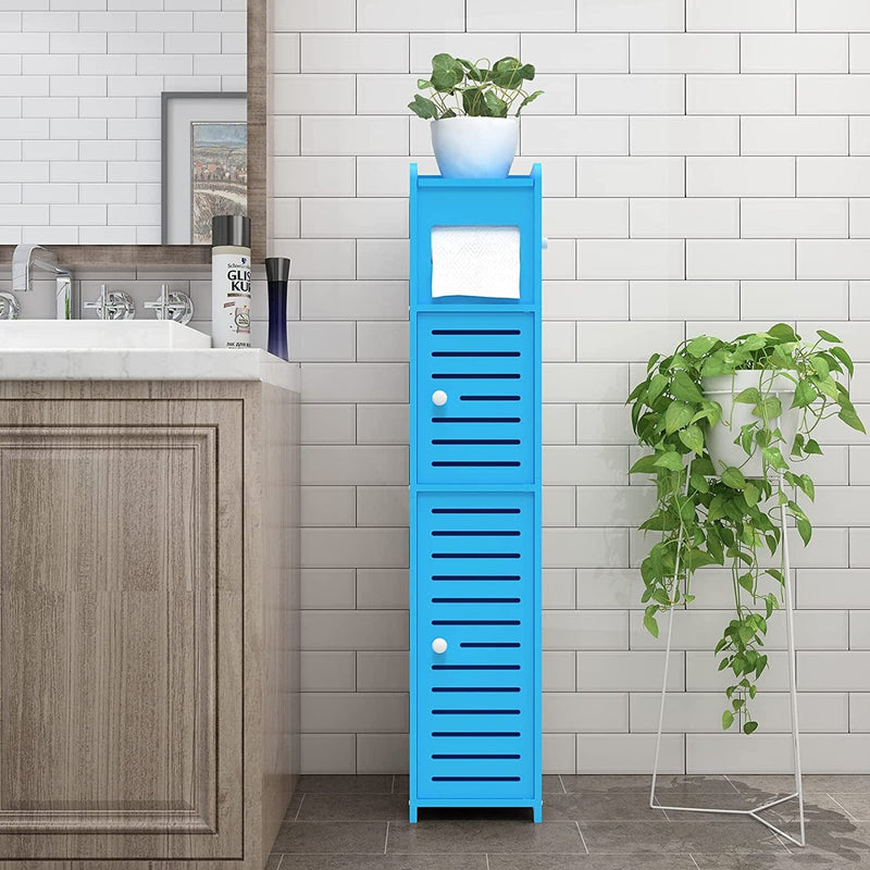 Bathroom Storage Cabinet for Small Space with Doors and Shelves, W6.5 X D6.7 X H32 Bathroom Organizer, Waterproof Toilet Paper Storage with Toilet Paper Roller, Accommodate Mega Rolls(Blue) Home & Garden > Household Supplies > Storage & Organization WODETREE   