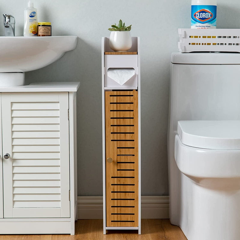 Bathroom Storage Cabinet,Small Bathroom Storage Cabinet Great for Toilet Paper Holder,Narrow Bathroom Cabinet-Over the Toilet Storage Waterproof for Small Spaces,White Bathroom Organizer by AOJEZOR Home & Garden > Household Supplies > Storage & Organization AOJEZOR White/Bamboo 31.5"H 