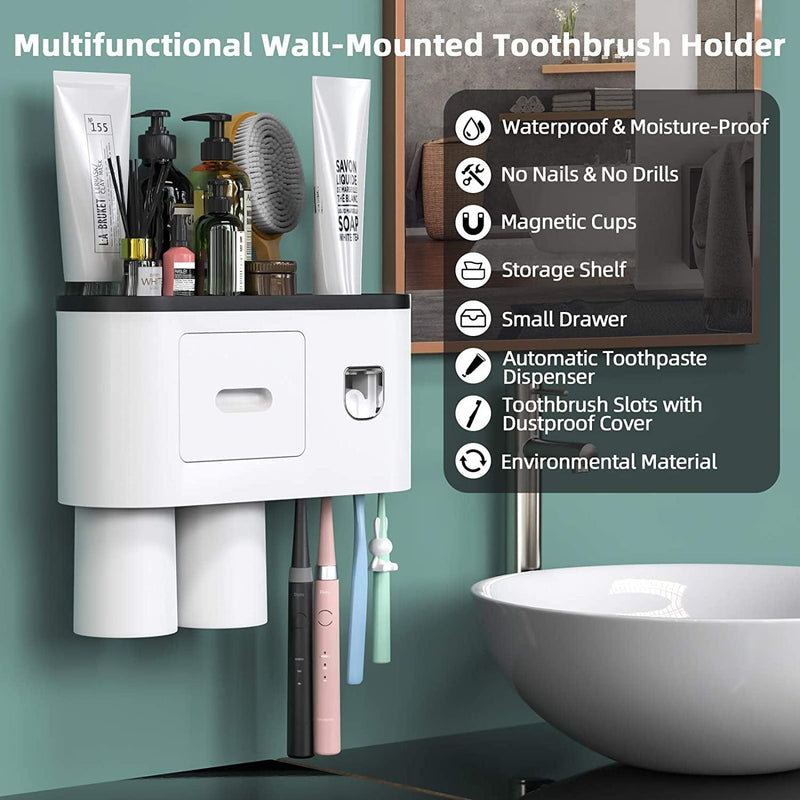 Bathroom Toothbrush Holder Wall Mounted Automatic Toothpaste Dispenser - Electric Toothbrush Holder with Toothpaste Squeezer,Magnetic Cup,Storage Drawer and 4 Toothbrush Organizer Slots(Black, 2 Cups) Home & Garden > Household Supplies > Storage & Organization showgoca   
