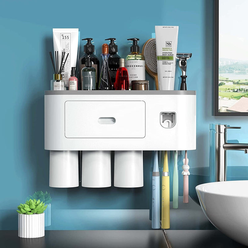 Bathroom Toothbrush Holder Wall Mounted Automatic Toothpaste Dispenser - Electric Toothbrush Holder with Toothpaste Squeezer,Magnetic Cup,Storage Drawer and 4 Toothbrush Organizer Slots(Black, 2 Cups) Home & Garden > Household Supplies > Storage & Organization showgoca Grey 3 cups 