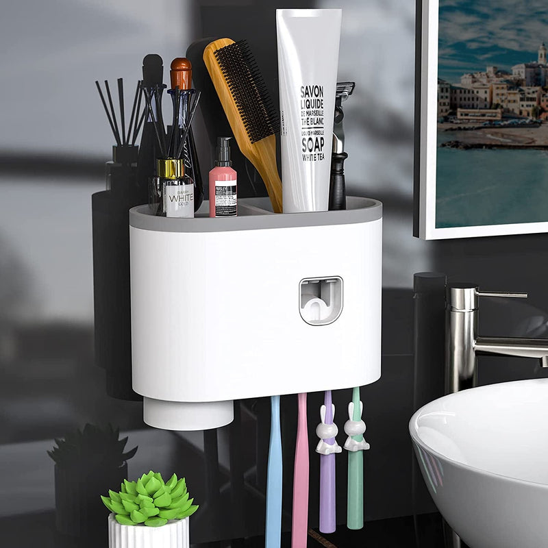 Bathroom Toothbrush Holder Wall Mounted Automatic Toothpaste Dispenser - Electric Toothbrush Holder with Toothpaste Squeezer,Magnetic Cup,Storage Drawer and 4 Toothbrush Organizer Slots(Black, 2 Cups) Home & Garden > Household Supplies > Storage & Organization showgoca Gray 1 cup 