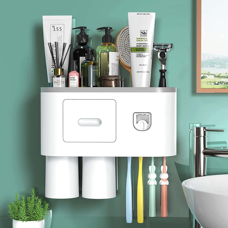 Bathroom Toothbrush Holder Wall Mounted Automatic Toothpaste Dispenser - Electric Toothbrush Holder with Toothpaste Squeezer,Magnetic Cup,Storage Drawer and 4 Toothbrush Organizer Slots(Black, 2 Cups) Home & Garden > Household Supplies > Storage & Organization showgoca Grey 2 cups 