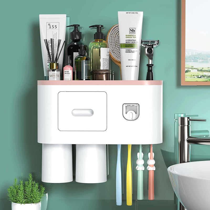 Bathroom Toothbrush Holder Wall Mounted Automatic Toothpaste Dispenser - Electric Toothbrush Holder with Toothpaste Squeezer,Magnetic Cup,Storage Drawer and 4 Toothbrush Organizer Slots(Black, 2 Cups) Home & Garden > Household Supplies > Storage & Organization showgoca Pink 2 cups 