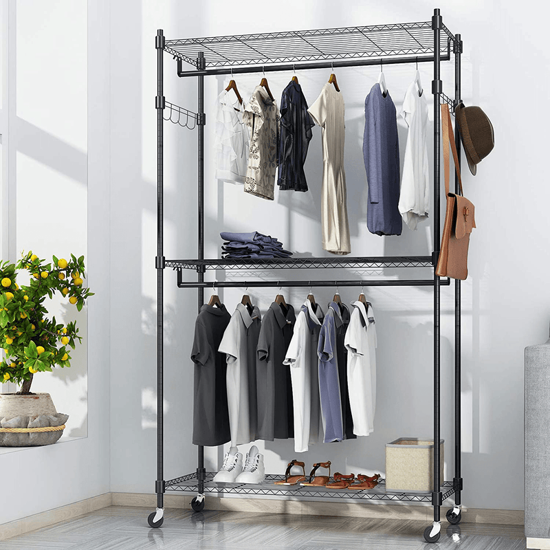 BATHWA 3-Tier Garment Rack Coat Rack Heavy Duty Wire Shelving Rolling Clothing Rack Large Wardrobe Closet Storage with Lockable Wheels (2 Hanging Rods and 2 Side Hooks, Black) Furniture > Cabinets & Storage > Armoires & Wardrobes KOL DEALS Black 2Rods 2Hooks 