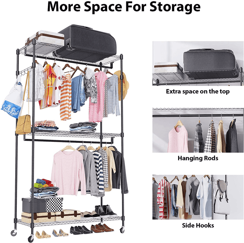 BATHWA 3-Tier Garment Rack Coat Rack Heavy Duty Wire Shelving Rolling Clothing Rack Large Wardrobe Closet Storage with Lockable Wheels (2 Hanging Rods and 2 Side Hooks, Black) Furniture > Cabinets & Storage > Armoires & Wardrobes KOL DEALS   