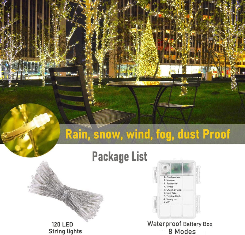 Battery Operated String Lights, 42.6Ft 120 LED Battery Powered Fairy Lights with Timer and 8 Modes, IP 65 Waterproof Twinkle Lights for Indoor Outdoor Christmas Tree Wedding Party Bedroom(Warm White) Home & Garden > Lighting > Light Ropes & Strings OOBILA   