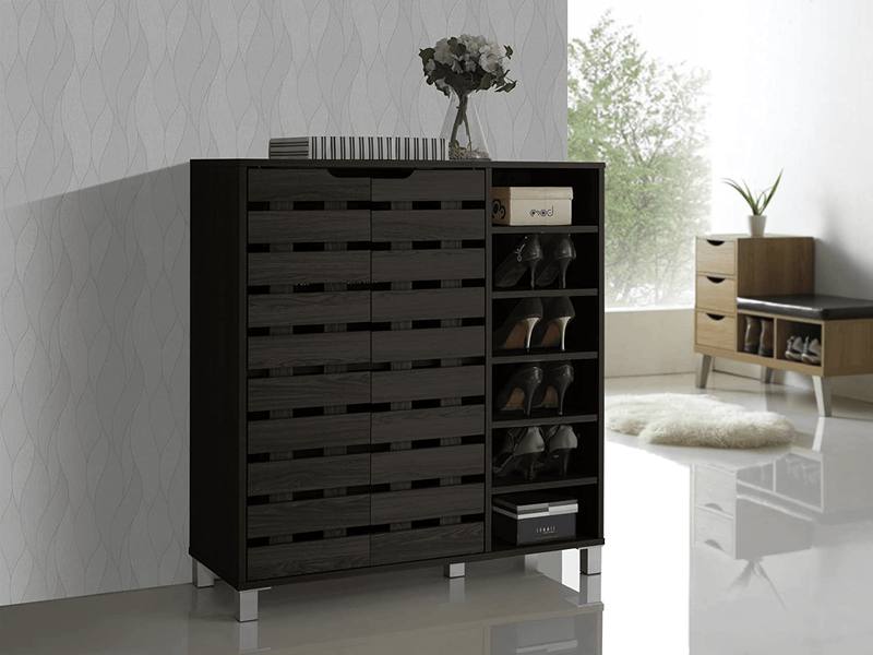 Baxton Studio Shirley Modern & Contemporary Wood 2-Door Shoe Cabinet with Open Shelves, Dark Brown