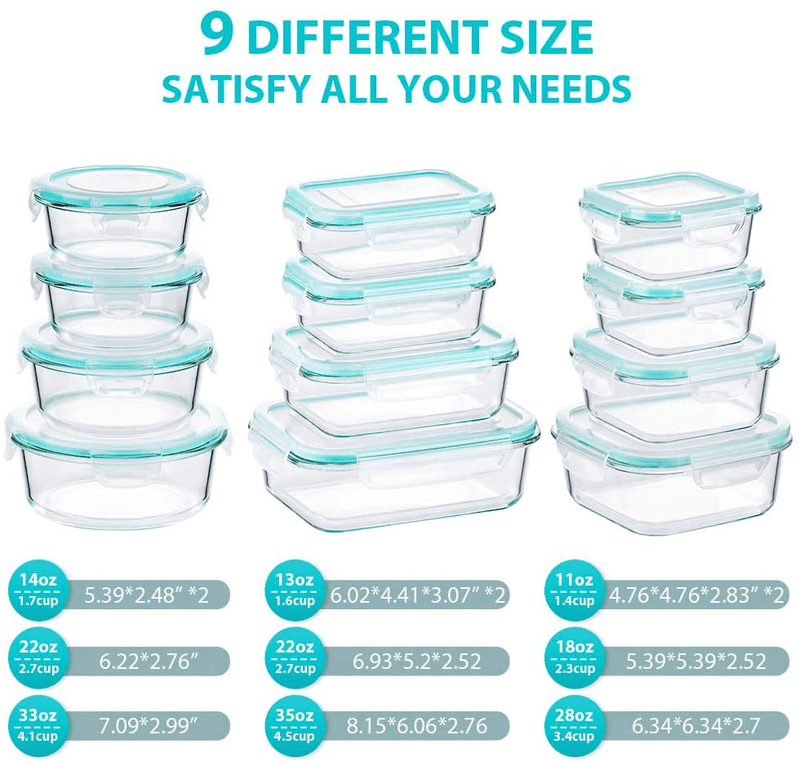 Bayco Glass Food Storage Containers with Lids, [24 Piece] Glass Meal Prep Containers, Airtight Glass Bento Boxes, BPA Free & Leak Proof (12 Lids & 12 Containers) - Blue