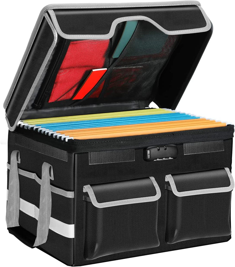 File Box with Lock Fireproof Document Box with Lid Handles Collapsible File Storage Organizer Box Portable Office Home Filing Boxes for Hanging Letter/Legal Folders