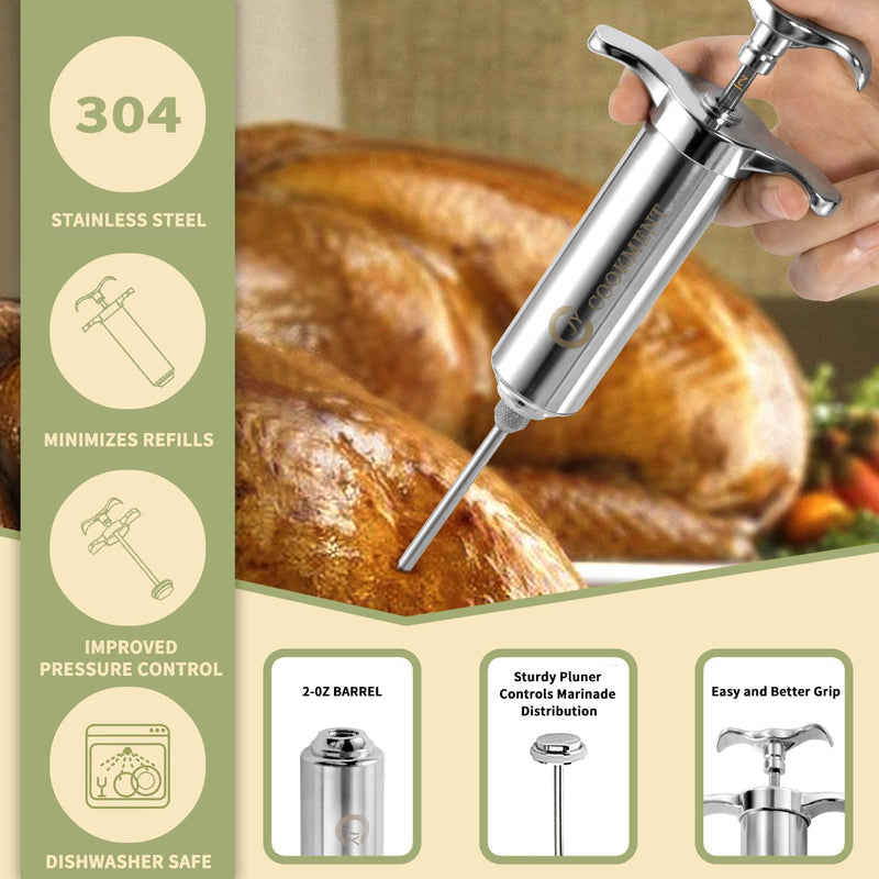 Meat Injector Syringe 2-Oz Marinade Flavor Barrel 304 Stainless Steel with 3 Marinade Needles, Travel Case for BBQ Grill Smoker, Turkey, Brisket, Paper Instruction and E-Book Included by JY COOKMENT Home & Garden > Kitchen & Dining > Kitchen Tools & Utensils JY COOKMENT   