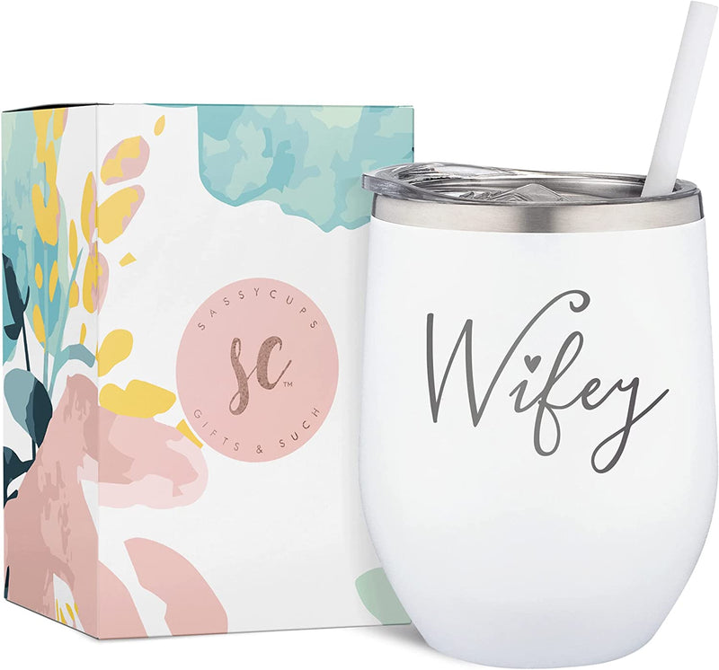Sassycups Mother of the Groom Tumbler | Engraved Stainless Steel Insulated Wine Tumbler with Lid and Straw | Wedding Party Tumblers | for Grooms Mom | Engagement Announcement (12 Ounce, White) Home & Garden > Kitchen & Dining > Tableware > Drinkware SassyCups Wifey  