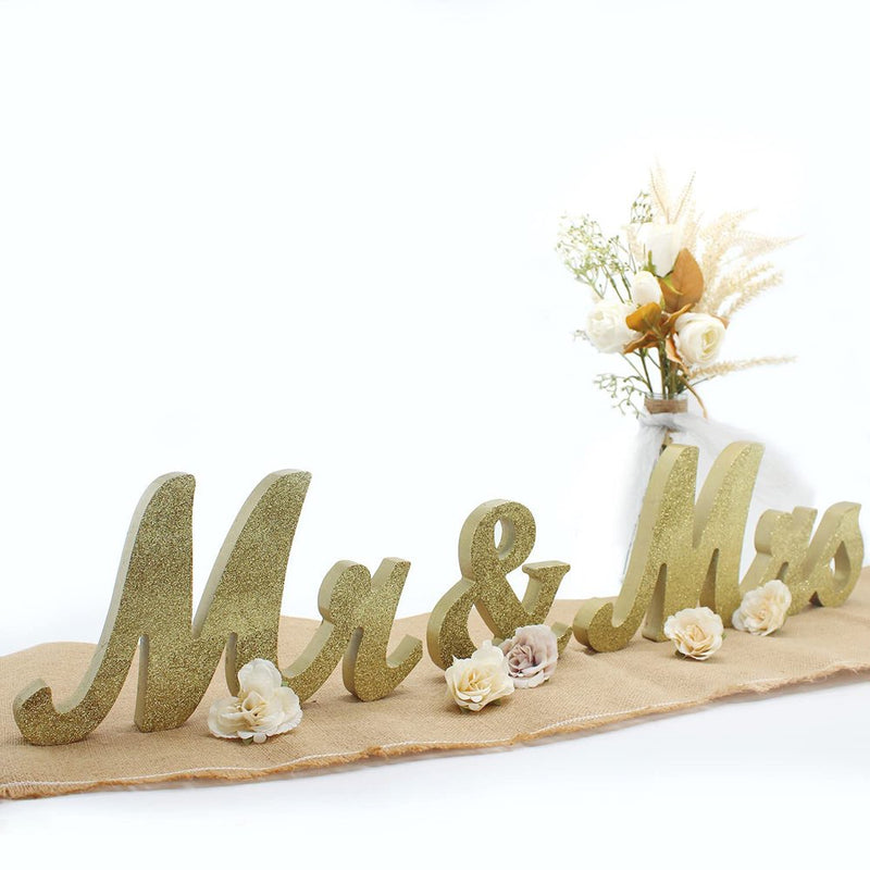 Husfou Mr & Mrs Signs Table Decorations for Wedding, Glitter Decorative Wooden Letters, Rustic Romantic Signs for Valentines Day Party Wedding Decor, Silver Home & Garden > Decor > Seasonal & Holiday Decorations Husfou LLC Gold  