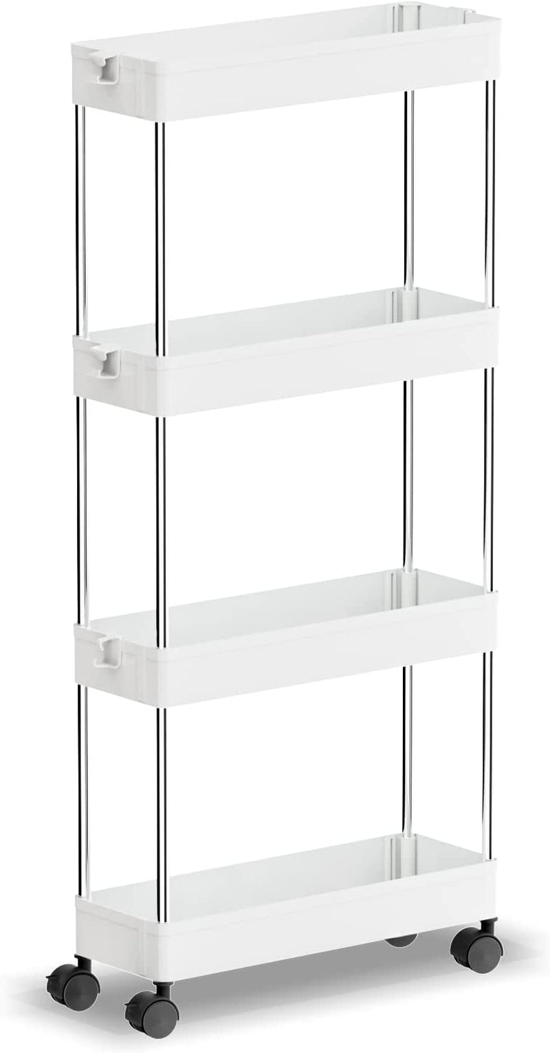 OTK Slim Storage Cart 3 Tier Mobile Shelving Unit Organizer, Utility Rolling Shelf Cart with Wheels for Bathroom Kitchen Bedroom Office Laundry Narrow Places，White Home & Garden > Household Supplies > Storage & Organization OTK 4 Tier-White Slim 