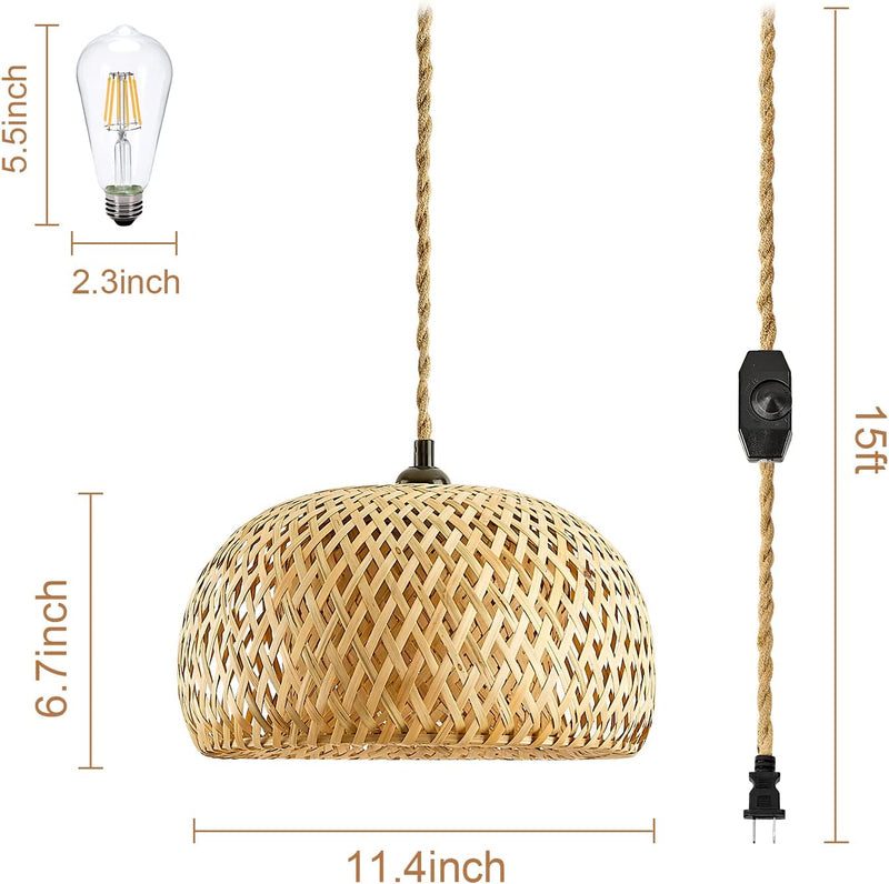 Yarra Decor Rattan Pendant Light with Dimmable Switch, 15Ft Hemp Cord Handwoven Boho Bamboo Rattan Lamp Shade Plug in Hanging Light, Rattan Light Fixture for Kitchen Island,Dining Room(Bulb Included)5