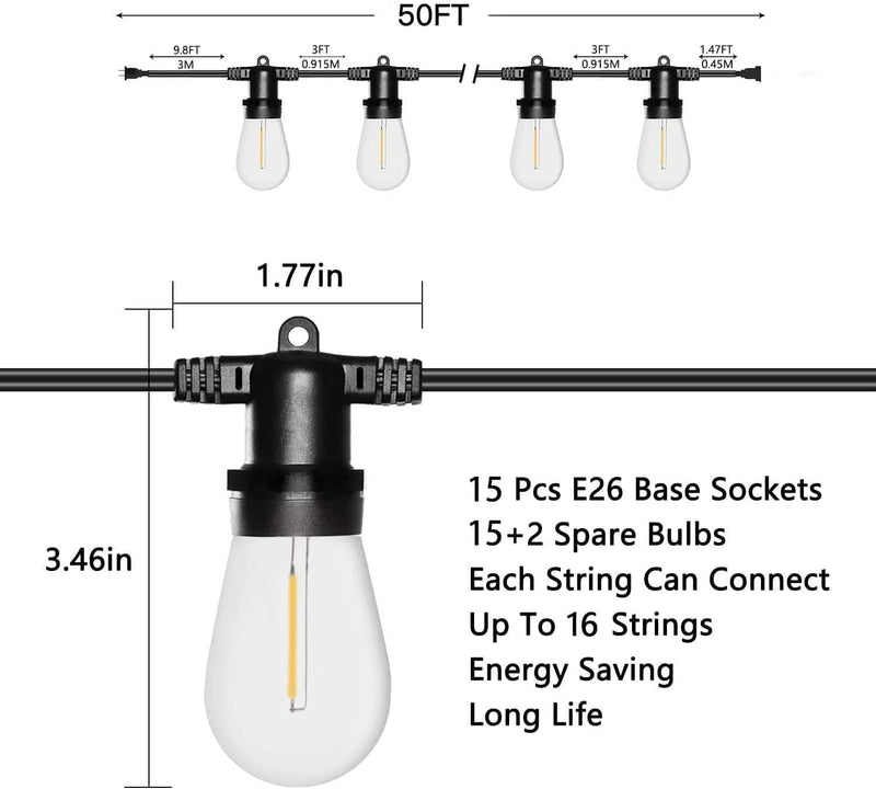 BBE 50FT Patio String Light Outdoor Waterproof Commercial Grade with Edison Vintage Bulbs 15 Hanging Sockets Heavy-Duty Extendable Cord Plug in for Bistro Pergola Backyard Christmas Decorative… Home & Garden > Lighting > Light Ropes & Strings ShenZhen fluence Tech   