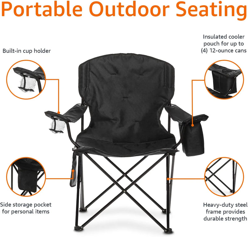 XL Folding Padded Outdoor Camping Chair with Carrying Bag - 38 X 24 X 36 Inches, Black