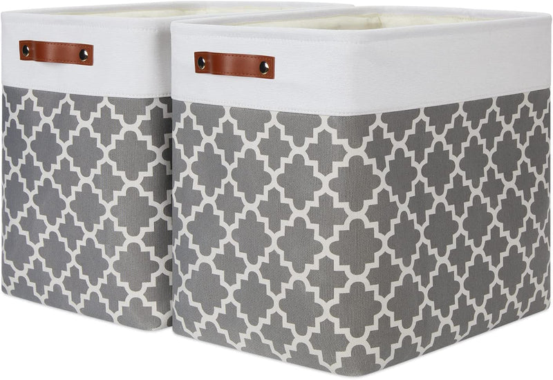 DULLEMELO Storage Bins 16"X12"X12" with Leather Handles for Organizing,Decorative Collapsible Storage Baskets for Shelves Closet Home Office (Black&Grey) Home & Garden > Household Supplies > Storage & Organization DULLEMELO White&Lattice Grey Large-17"x12"x15" 