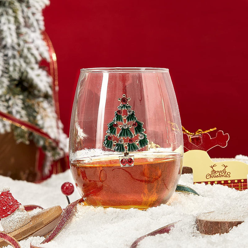 Set of 2 Stemless Christmas Tree Wine Glasses - Christmas Cheer for Holiday Gift and Winter Season - 18 Oz Stemless Decorated Tree Ornament Wine Tumblers for Holiday Season and Winter by GUTE - 4.7" H