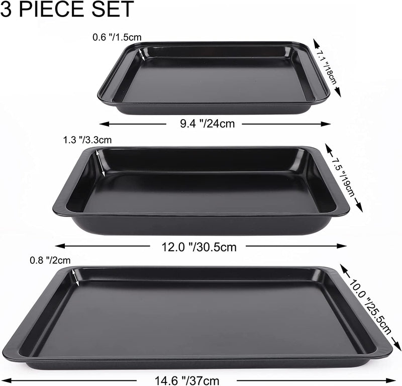 Suice 3 Pcs Nonstick Baking Pan Set, 14.5 X 10 & 12 X 7 & 9 X 6 Inch Cookie Sheet Toaster Oven Pan Carbon Steel Bakeware for Daily Baking, Roasting, Cooking, Home Kitchen & Commercial Use - Black