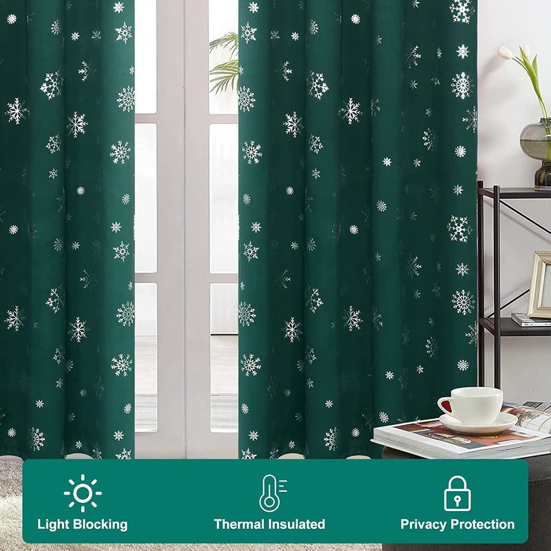 FRAMICS Snowflake Foil Print Christmas Curtains, Thermal Insulated Blackout Curtains for Living Room and Bedroom, Christmas Grommet Window Curtains Drapes, 52" X 84", Green, Set of 2 Panels Home & Garden > Decor > Window Treatments > Curtains & Drapes FRAMICS   