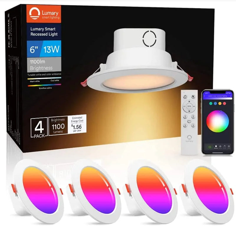 Lumary Integrated Smart Recessed Lighting 6 Inch with Junction Box 13W 1100LM Canless Wifi Downlight with BT Remote RGBCW Color Changing APP Dimmable Wafer Light Work with Alexa/Google Assistant, 4PCS Home & Garden > Lighting > Flood & Spot Lights Lumary 6 Inch-4 Pack  