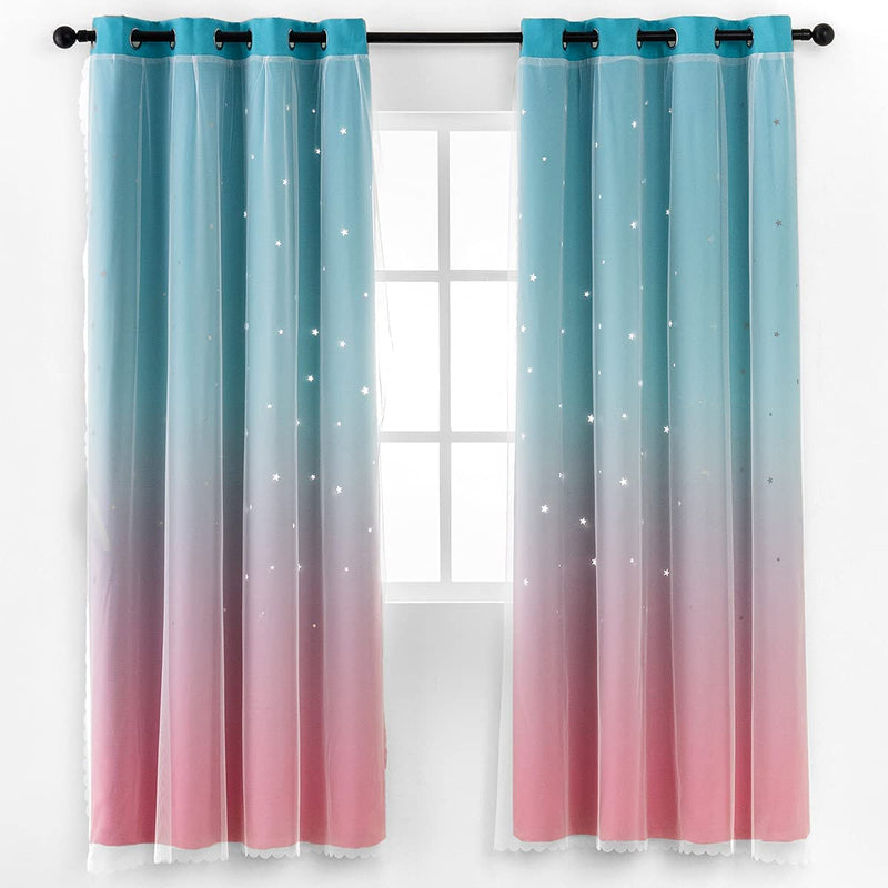 Reepow Rainbow Kids Blackout Curtains for Boys Girls Bedroom Playroom, Tulle Overlay Star Cut Out Curtains with Stainless Steel Gromment Top - 52" X 63" X 2 Panels Sporting Goods > Outdoor Recreation > Fishing > Fishing Rods Reepow Pink Blue 52×63×1 Panel 