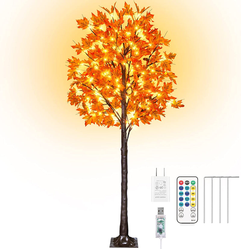 Fastdeng 5Ft Fall Maple Tree Light Thanksgiving Decorations, 90 LED Warm White Dimmable Timing Artificial Fall Tree with 8 Flashing Modes for Home Indoor Outdoor Autumn Thanksgiving Harvest Decor  FastDeng 6Ft 130Led Maple Tree  