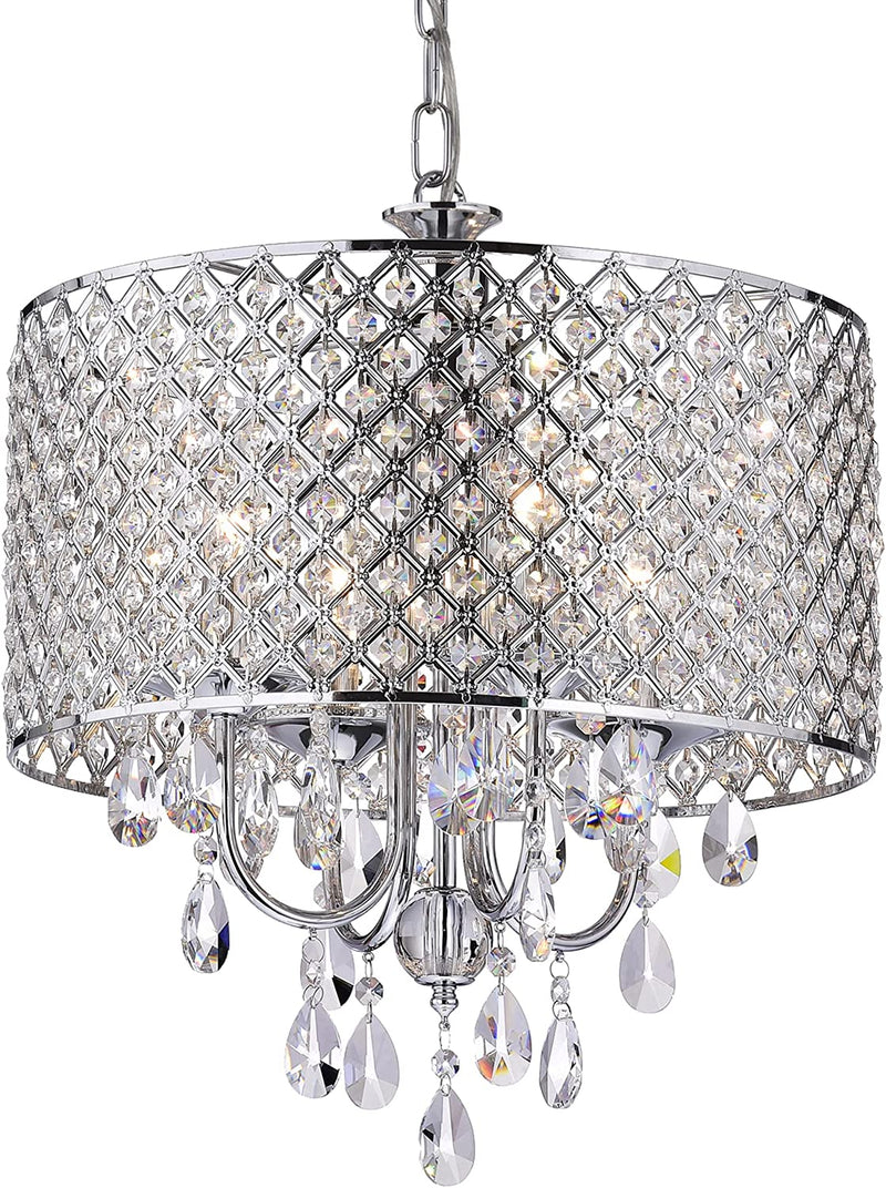 Edvivi Marya Drum Crystal Chandelier, 4 Lights Glam Lighting Fixture with Chrome Finish, Adjustable Ceiling Light with round Crystal Drum Shade, Dining Room Light for Living Room, Bedroom, Kitchen Home & Garden > Lighting > Lighting Fixtures > Chandeliers Edvivi Chrome  