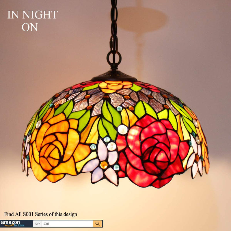 WERFACTORY Tiffany Pendant Light Fixture Red Yellow Rose Stained Glass Hanging Lamp Wide 16 Inch, Height 40 Inch S001 Series Home & Garden > Lighting > Lighting Fixtures WERFACTORY   