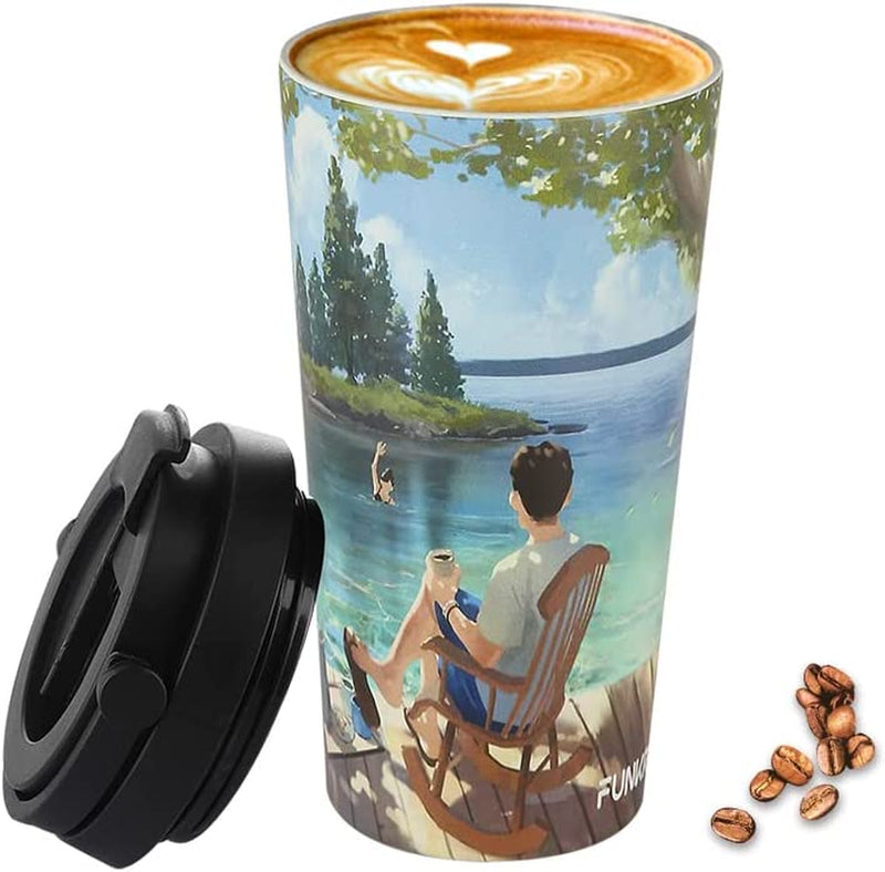 Funkrin Insulated Travel Coffee Mug with Ceramic Coating, Personalized Gifts for Men Women Kids, 16Oz Stainless Steel Tumbler with Flip Lid Portable Handle, Double Wall Leak-Proof Thermos Mug