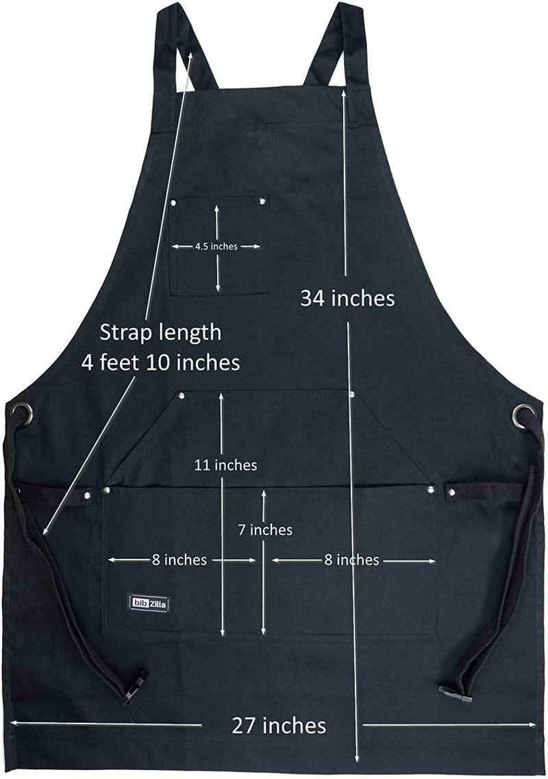 Professional Chef Apron for Men Women Cooking Kitchen BBQ Grill with Large Tool Pockets, Adjustable Size, Cotton Black, Quick Release Buckle, Dual Side Loops