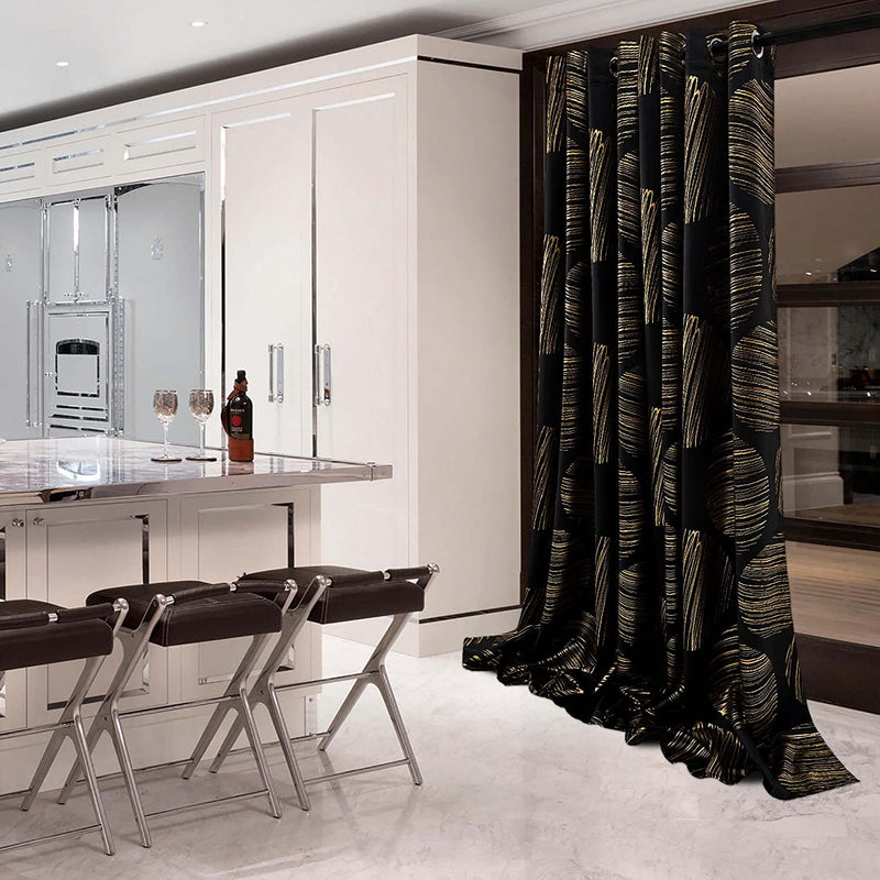 Deconovo Extra Long Curtains 95 Inches Long, Gold Foil Print Curtains for Sliding Glass Door, Thermal Insulated Drapes, Grommet Top (52X95 Inch, Black, 2 Panels) Home & Garden > Decor > Window Treatments > Curtains & Drapes Deconovo   