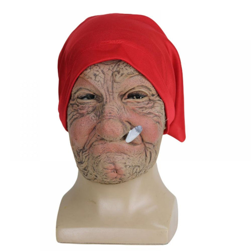 Old Women Mask, Smoking Grandmother in Red Headscarf Face Mask, Latex Full Head Mask for Masquerade Halloween Party Realistic Decor Costumes Apparel & Accessories > Costumes & Accessories > Masks Dose Not Apply   